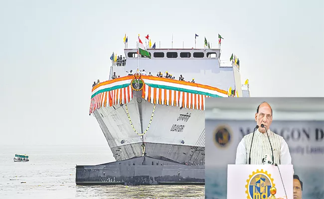 Rajnath Singh launches Two Warships in Atmanirbhar Bharat Push - Sakshi