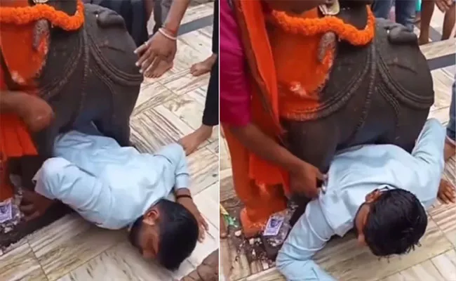 Viral Video: Devotee Gets Stuck Under Elephant Statue At Temple Gujarat - Sakshi