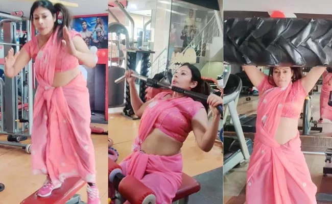 Working Out At Gym In Saree Reena Singh Workouts Mixed Reactions - Sakshi