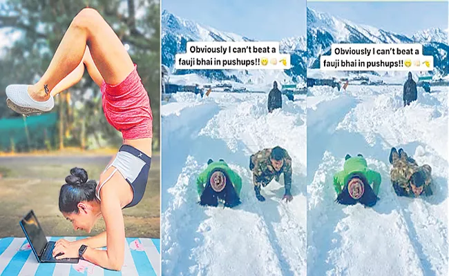 Woman inspiring push-up challenge with soldier in snowy terrain goes viral - Sakshi