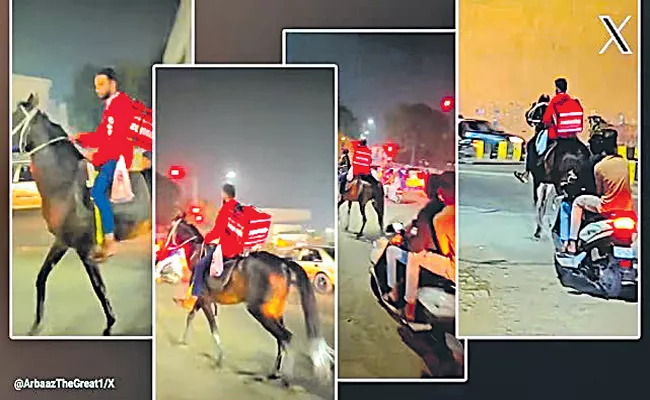 Delivery boy rides horse to deliver order in Hyderabad - Sakshi