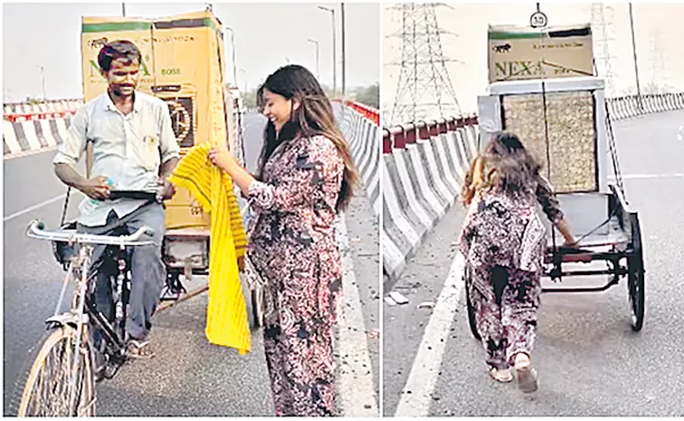 Woman helps rickshaw puller push heavy cart on flyover