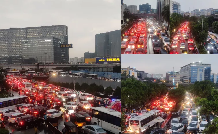 Heavy Traffic Jam At Hyderabad Due To Rains: Photos