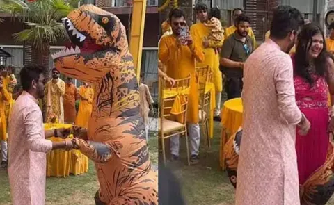 haldi ceremony Bride to be enters dressed as dinosaur viral video10