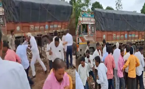 Truck Overturns Into Pit During Road Inspection in Maharashtra Video Viral