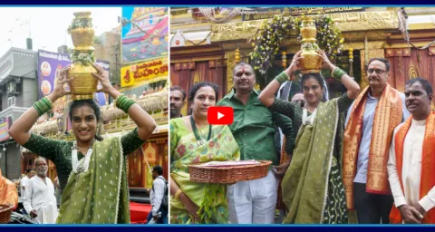 PV Sindhu Offers Bonam To Goddess Simhavahini Mahankali Ammavaru