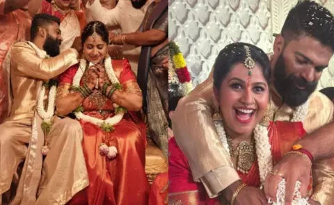 Kannada TV Host Anushree Gets Married To Roshan, Shines An Orange And Gold Silk Saree
