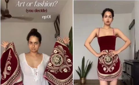 Woman Turns Old Sofa Covers Into Stunning Dress