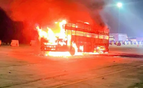 Narrow escape for passengers as UP AC sleeper bus catches fir