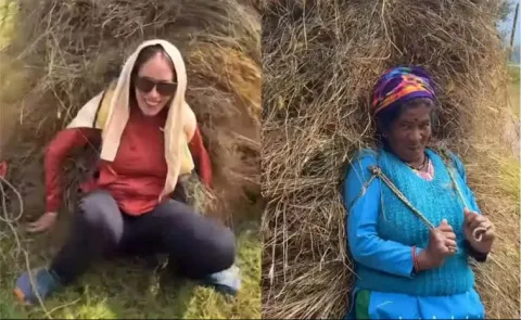 Foreigner awestruck as Pahadi woman lifts 40 kg grass bundle with ease
