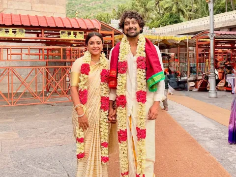 Hero Varun Sandesh Wife Vithika Sheru Visited Arunachalam Temple Photos