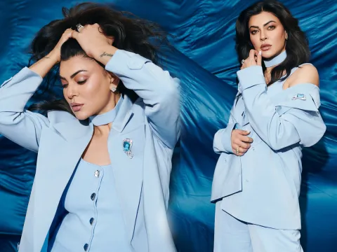 Sushmita Sen makes a style point in a blue suit
