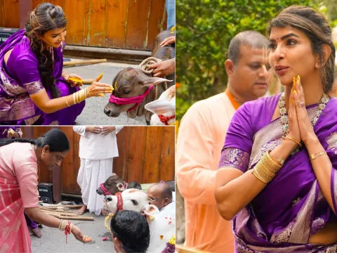 Manchu Lakshmi participated in cow worship under the Auspices of ISKCON Photos