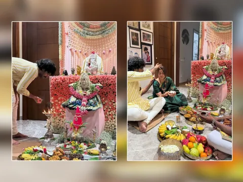 Aadhi Pinisetty and Nikki Galrani Varalaxmi Pooja at Home: Photos