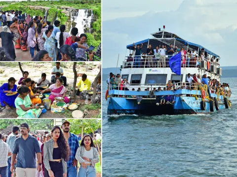 Tourists Enjoy Rushing Flood Water in Nagarjuna Sagar