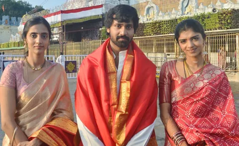 Jr NTR Brother In law Narne Nithin And His wife Lakshmi Shivani Visit Tirumala Photos