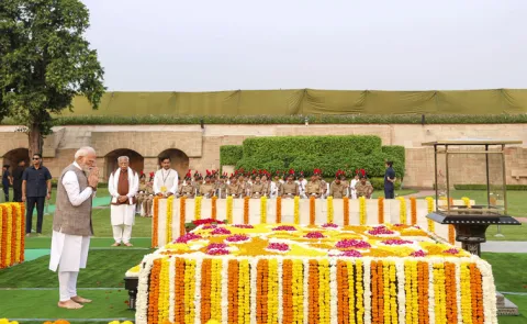 PM Modi pays tribute to Mahatma Gandhi on occasion of his birth anniversary at Rajghat in New Delhi Photos