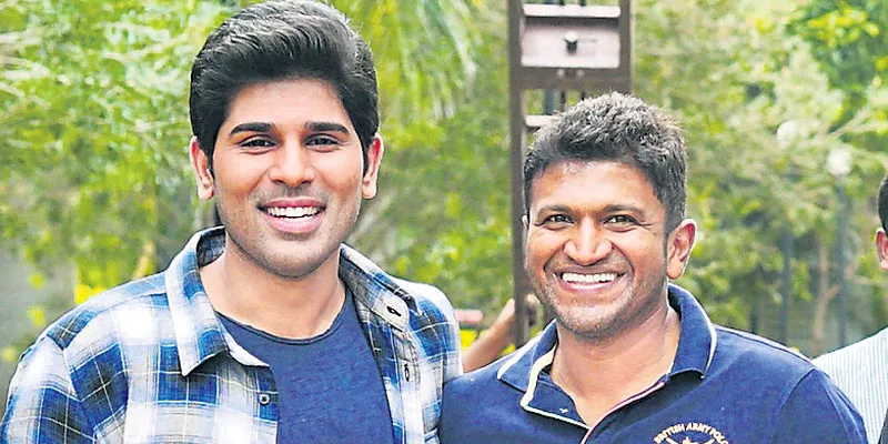 Puneeth Rajkumar visits Allu Sirish's Okka Kshanam sets - Sakshi