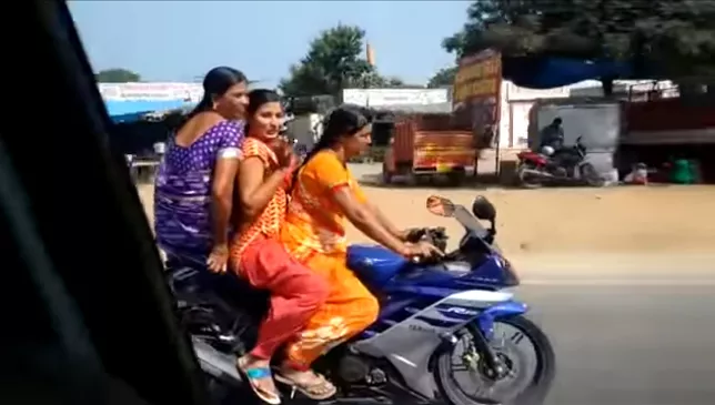 Three Womens Wearing Sarees Rides Yamaha R15 - Sakshi