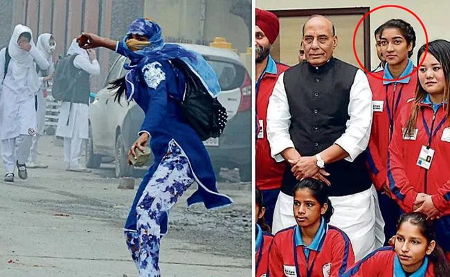 Kashmiri woman footballer in viral protest photo meets Rajnath Singh - Sakshi