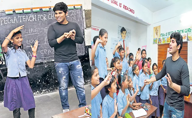 Allu Sirish teaches english to kids supported under Pega  - Sakshi