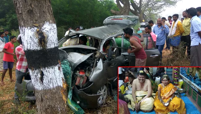 Birde groom died, bride injured in khammam road accident - Sakshi