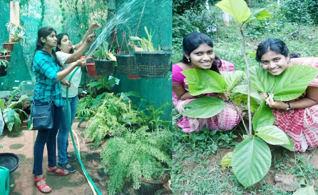 Students Caring Different Trees In Biodiversity Park Visakhapatnam - Sakshi