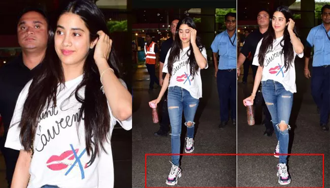 Janhvi Kapoor Pairs Rs 33K Tee With Rs 1.3 Lakh Shoes At The Airport - Sakshi