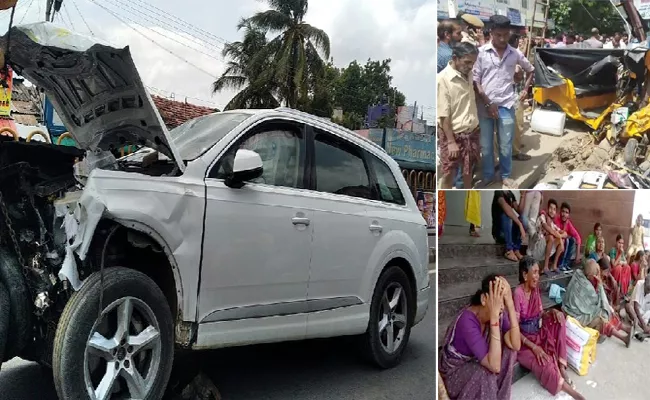 Audi Car Crashes Auto Rickshaw And Bus Stand In Tamilnadu - Sakshi