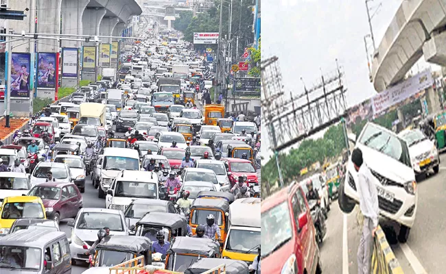 Three hours Traffic Jam On Begumpet Flyover Bridge Hyderabad - Sakshi