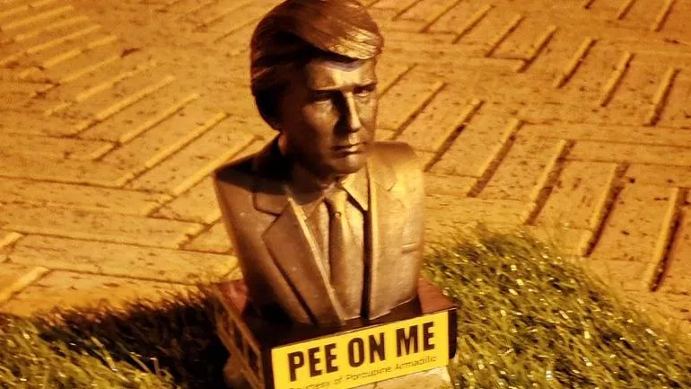 Donald Trump Statues  In New York Reads Pee On Me - Sakshi