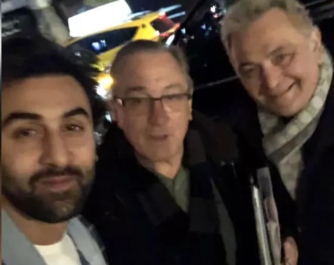 Rishi Kapoor, Ranbir Meet Robert De Niro in New York - Sakshi