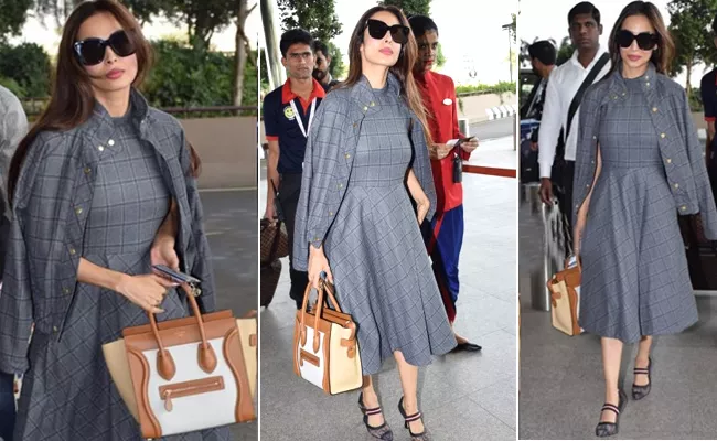 Malaika Arora Nails Airport Fashion In Chic Plaid Dress - Sakshi