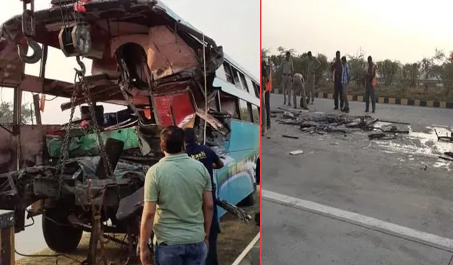 8 dead after a bus rammed into a truck on Yamuna Expressway - Sakshi