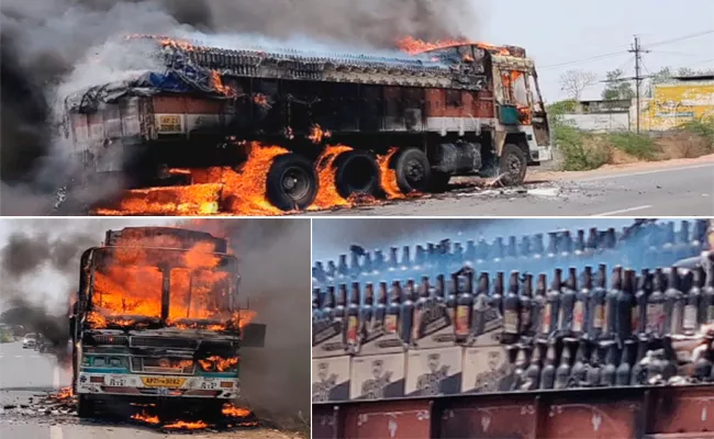 Beer bottles Lorry Catches Fire While Moving in Nandyal - Sakshi