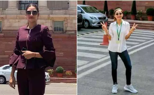 TMC MPs Mimi Chakraborty And Nusrat Jahan Trolled For Posing At Parliament - Sakshi