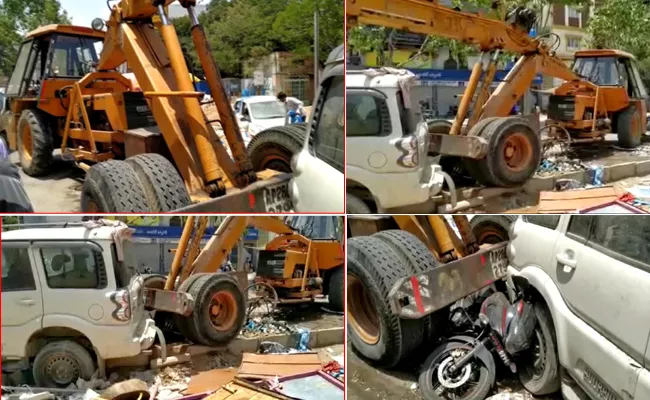 Crane Rams Into vahicals With Brake Fail at SR Nagar - Sakshi