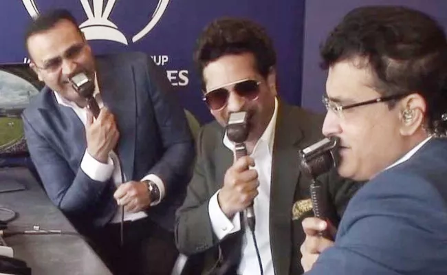 Sachin Tendulkar Fun With Ganguly And Sehwag In Commentary Box - Sakshi