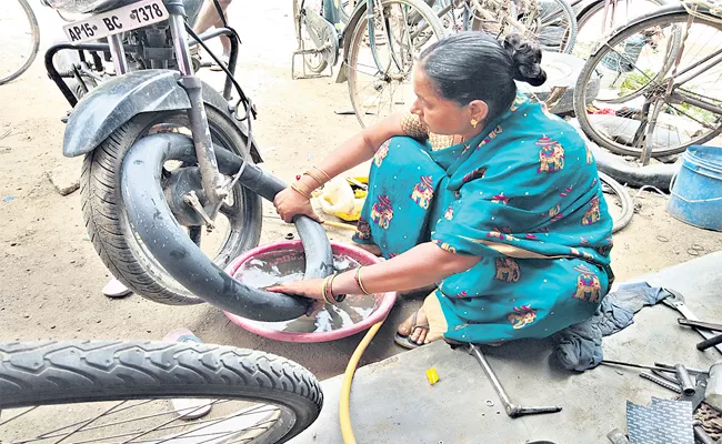 Women Running Cycle Repair Shop in Warangal - Sakshi