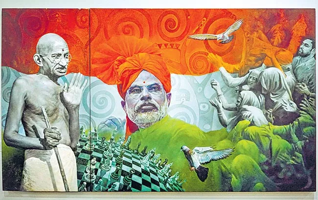 Painting of PM Modi and Mahatma Gandhi fetches highest bid of Rs 25 lakh - Sakshi