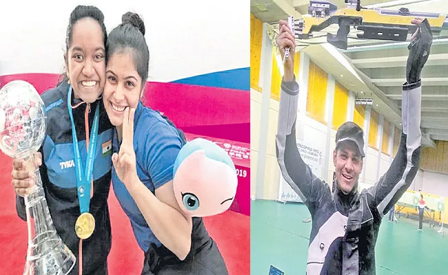 Manu, Elavenil, Divyansh Treat India To Triple Gold - Sakshi