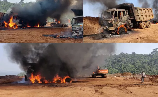 Chhattisgarh: 9 vehicles including Dumper and JCB set on fire by naxals - Sakshi