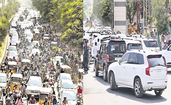 Political Leaders Vehicles in Wrong Route in Traffic Gachibowli - Sakshi