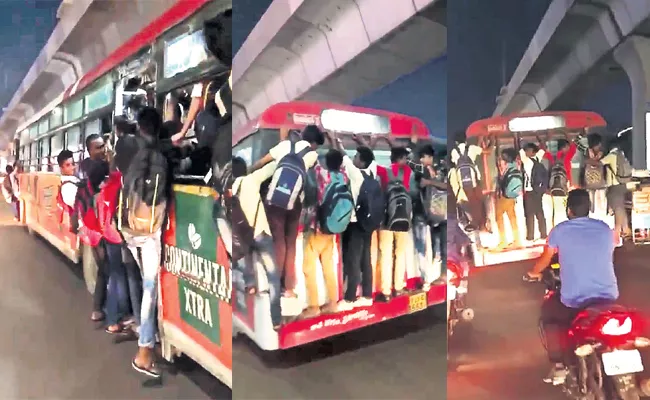 Students Dangerous Journey in Hyderabad City Bus - Sakshi