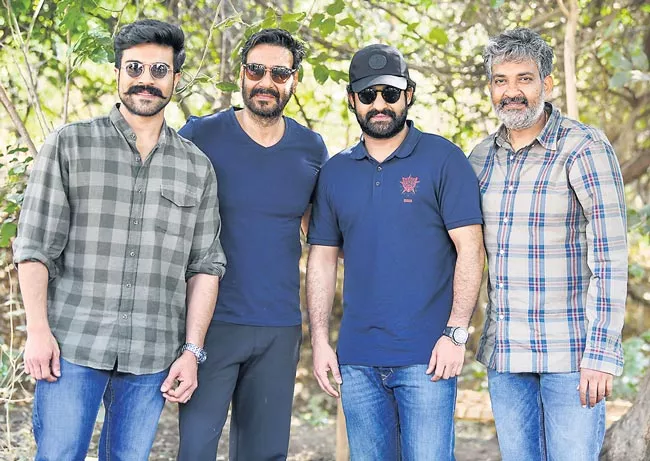 RRR Makers Share Picture Of Ajay Devgn, Ram Chara and Ntr - Sakshi