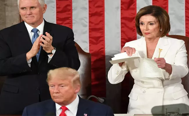 Nancy Pelosi Rips Up State Of The Union Speech After Trump Snubs Handshake - Sakshi