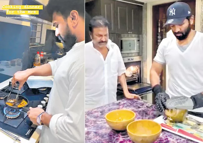 Ram Charan and Manchu Vishnu cooking delicious food during home quarantine - Sakshi