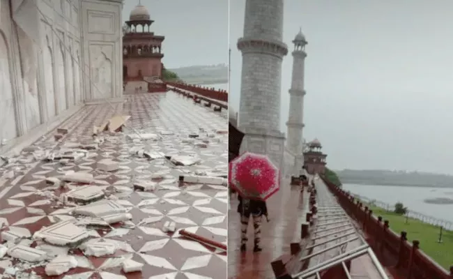 Taj Mahal Mausoleum Railing Damaged Due To Thunderstorms - Sakshi