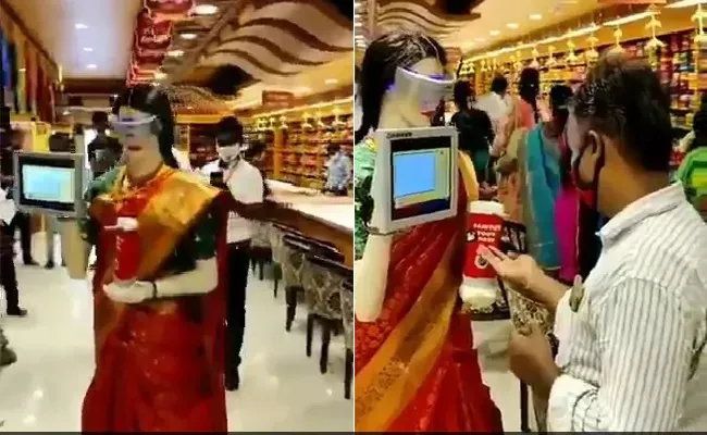 Saree Clad Robot Provides Sanitizer At Tamil Nadu Showroom - Sakshi