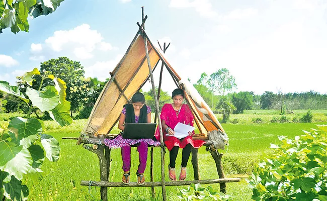 Telangana Girls Studying Online in Maize Field at Remote Village - Sakshi